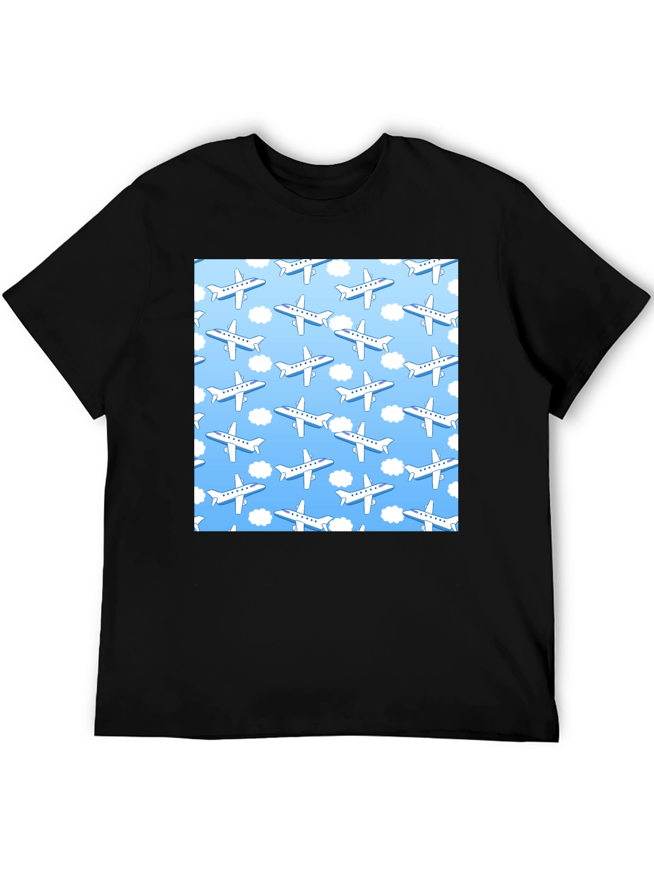 Airplane Pattern T-Shirt - Sky Blue & White Design