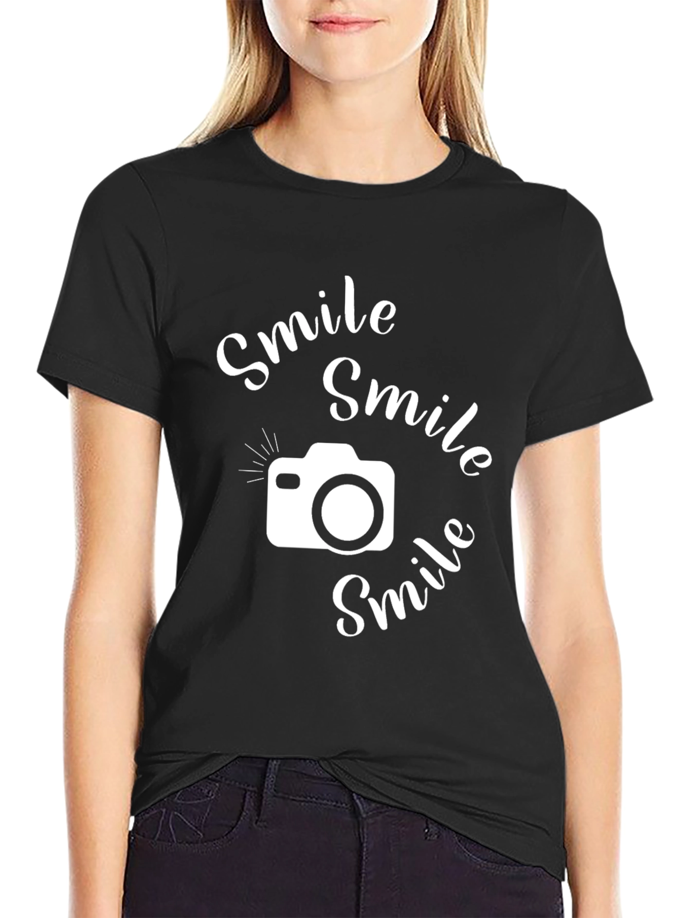 Smile Camera Graphic T-Shirt - Casual Black Tee