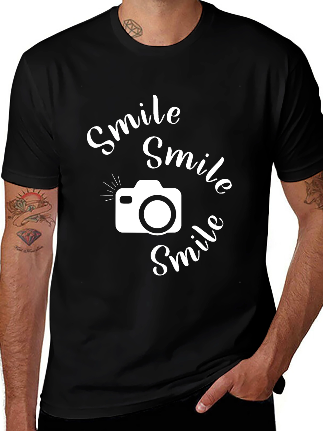 Smile Camera Graphic T-Shirt - Casual Black Tee