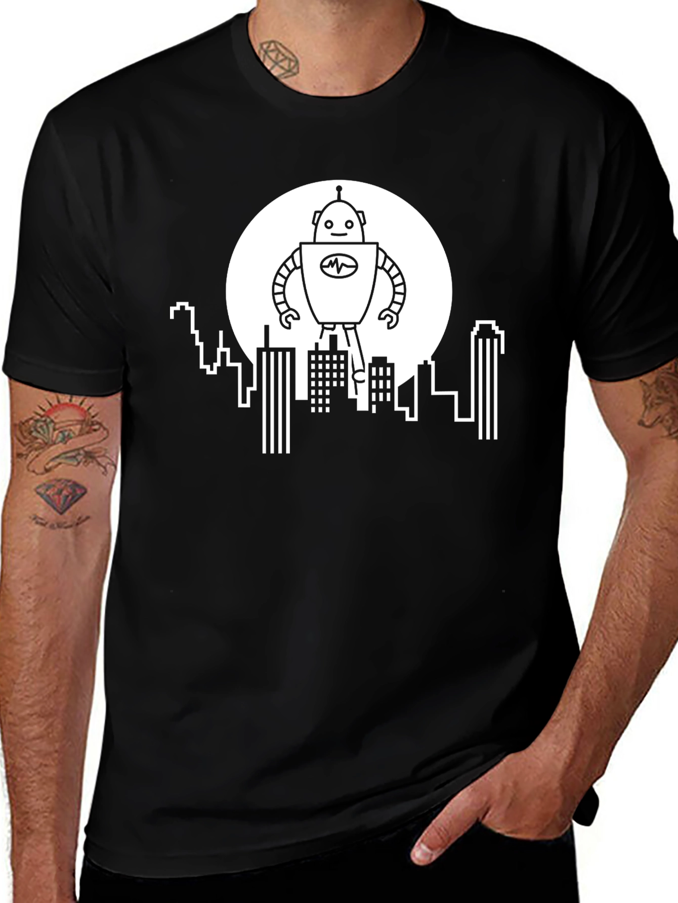Robot Cityscape Graphic Tee - Black