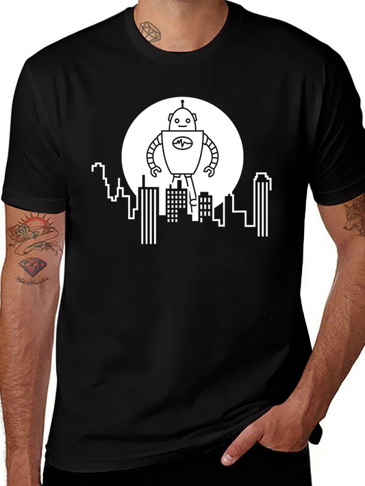 Robot Cityscape Graphic Tee - Black
