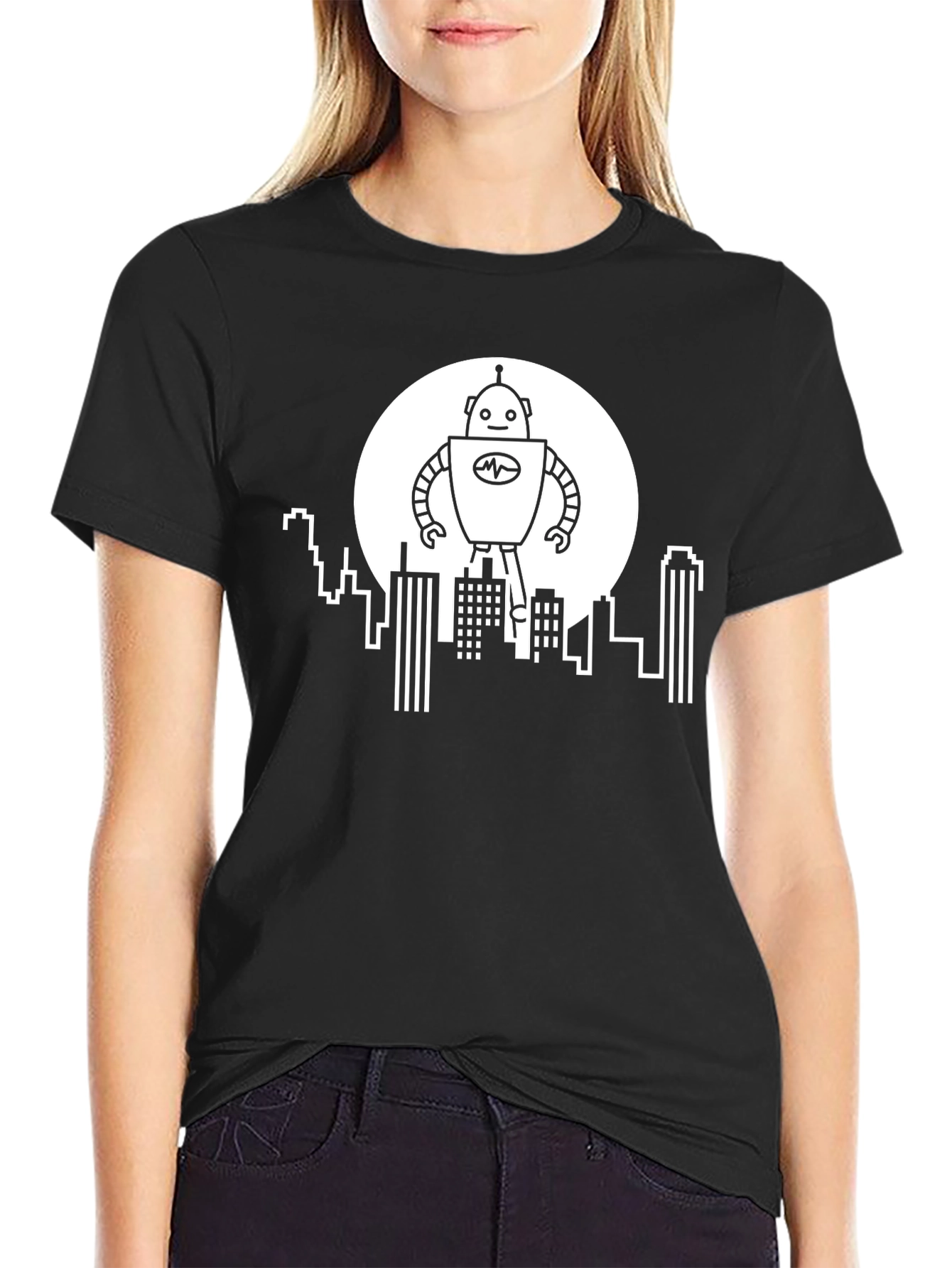 Robot Cityscape Graphic Tee - Black