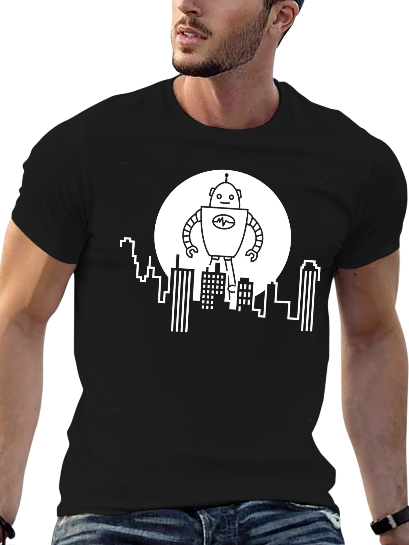 Robot Cityscape Graphic Tee - Black