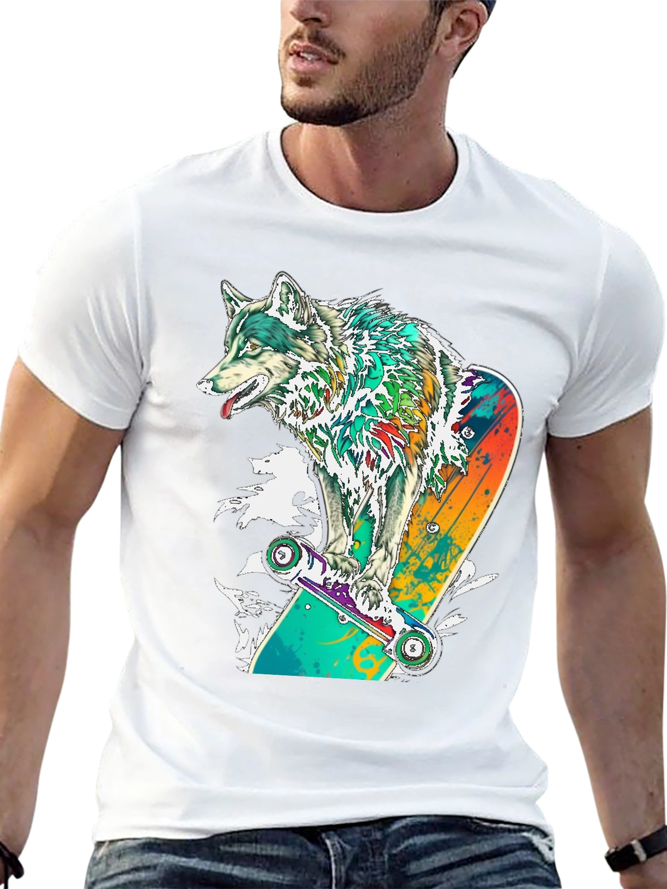 Wolf Skateboard Graphic T-Shirt - Cool Animal Tee