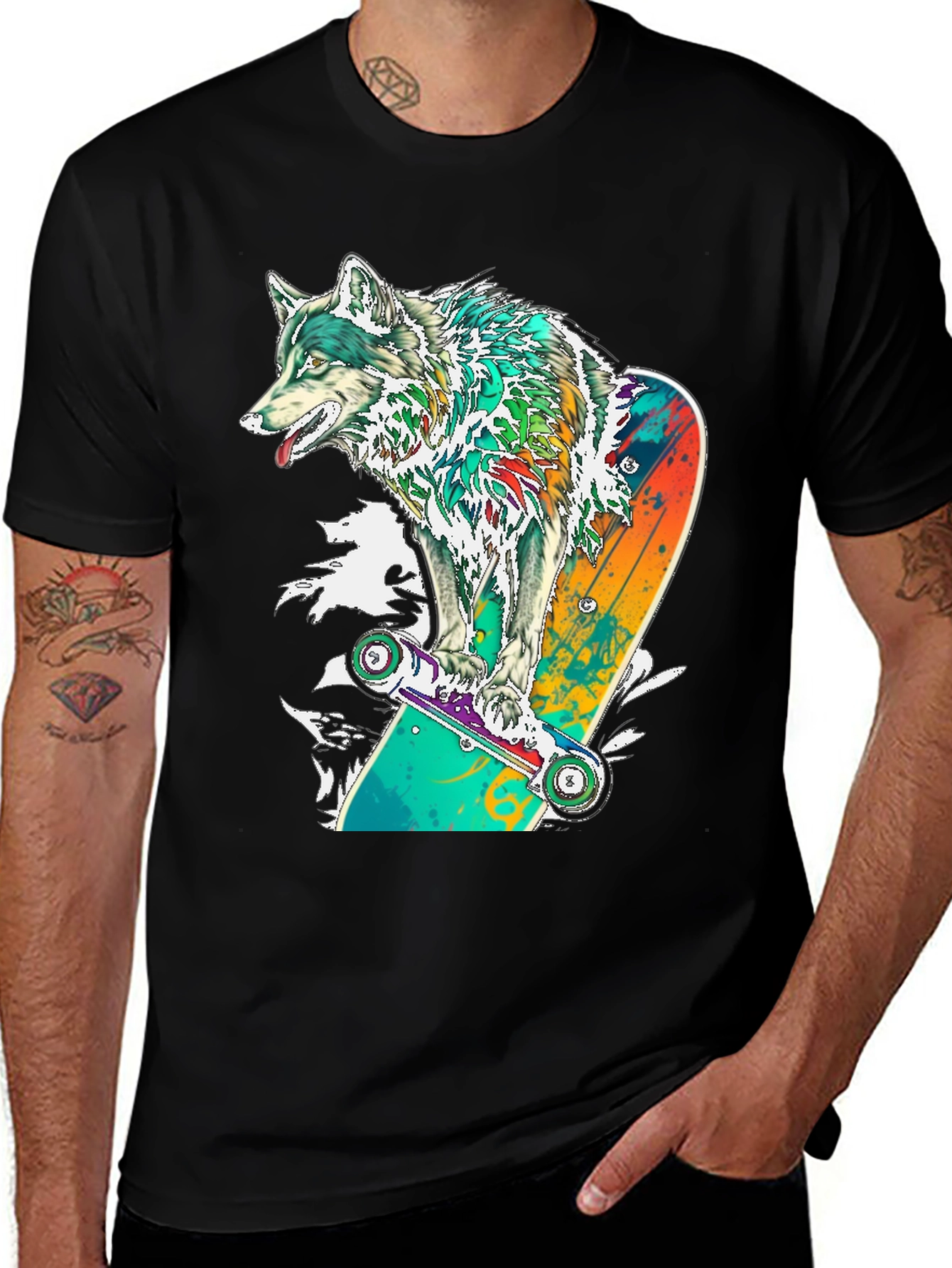 Wolf Skateboard Graphic T-Shirt - Cool Animal Tee