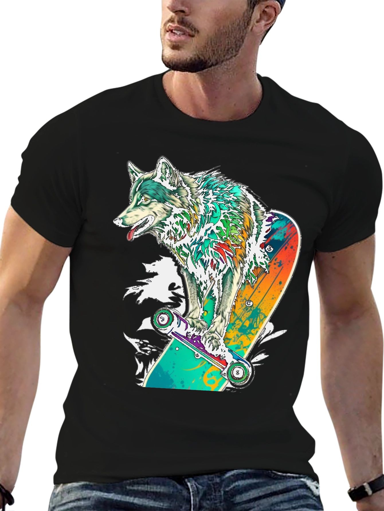 Wolf Skateboard Graphic T-Shirt - Cool Animal Tee