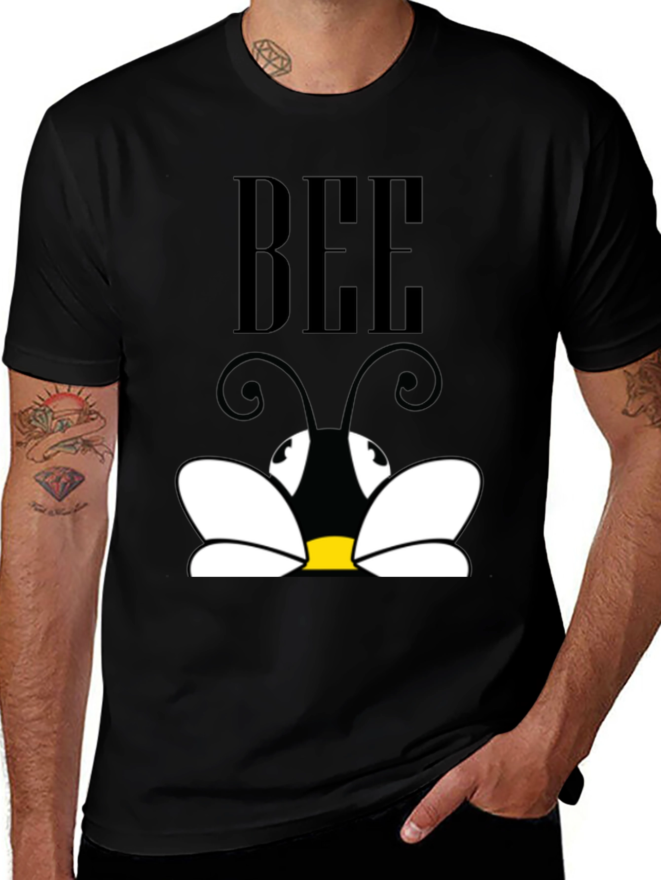 Cartoon Bee Graphic Tee - Black Short Sleeve