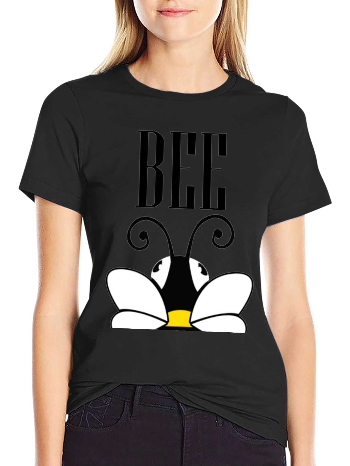 Cartoon Bee Graphic Tee - Black Short Sleeve