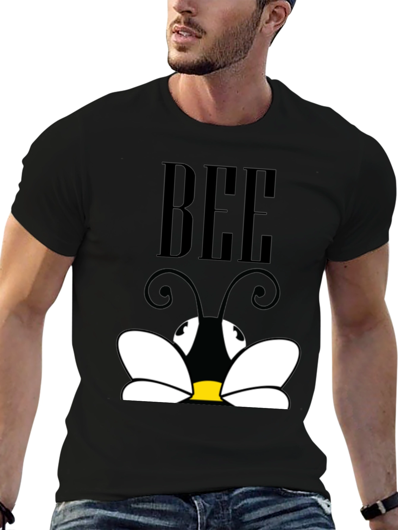Cartoon Bee Graphic Tee - Black Short Sleeve