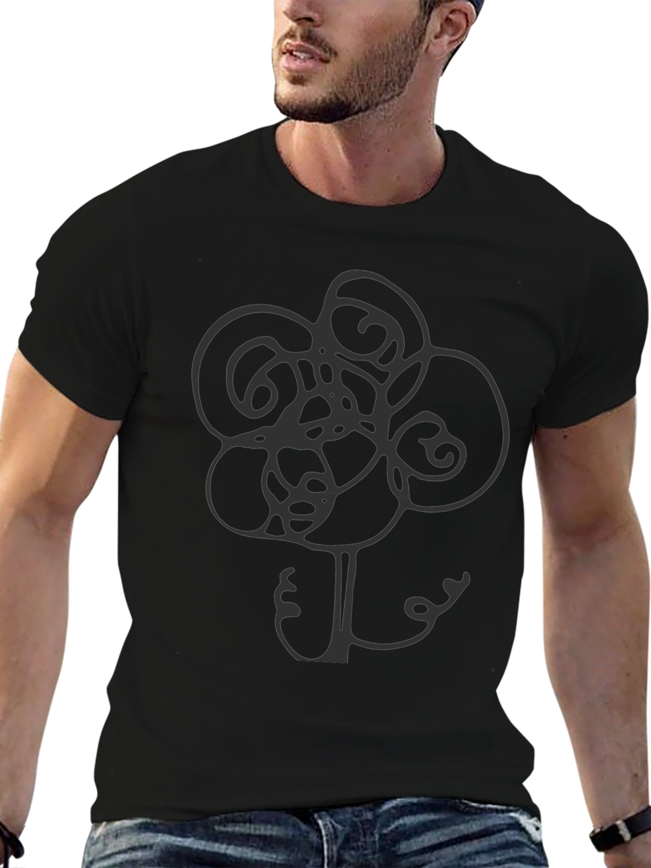 Abstract Flower Graphic Tee - Stylish Mens Black T-Shirt