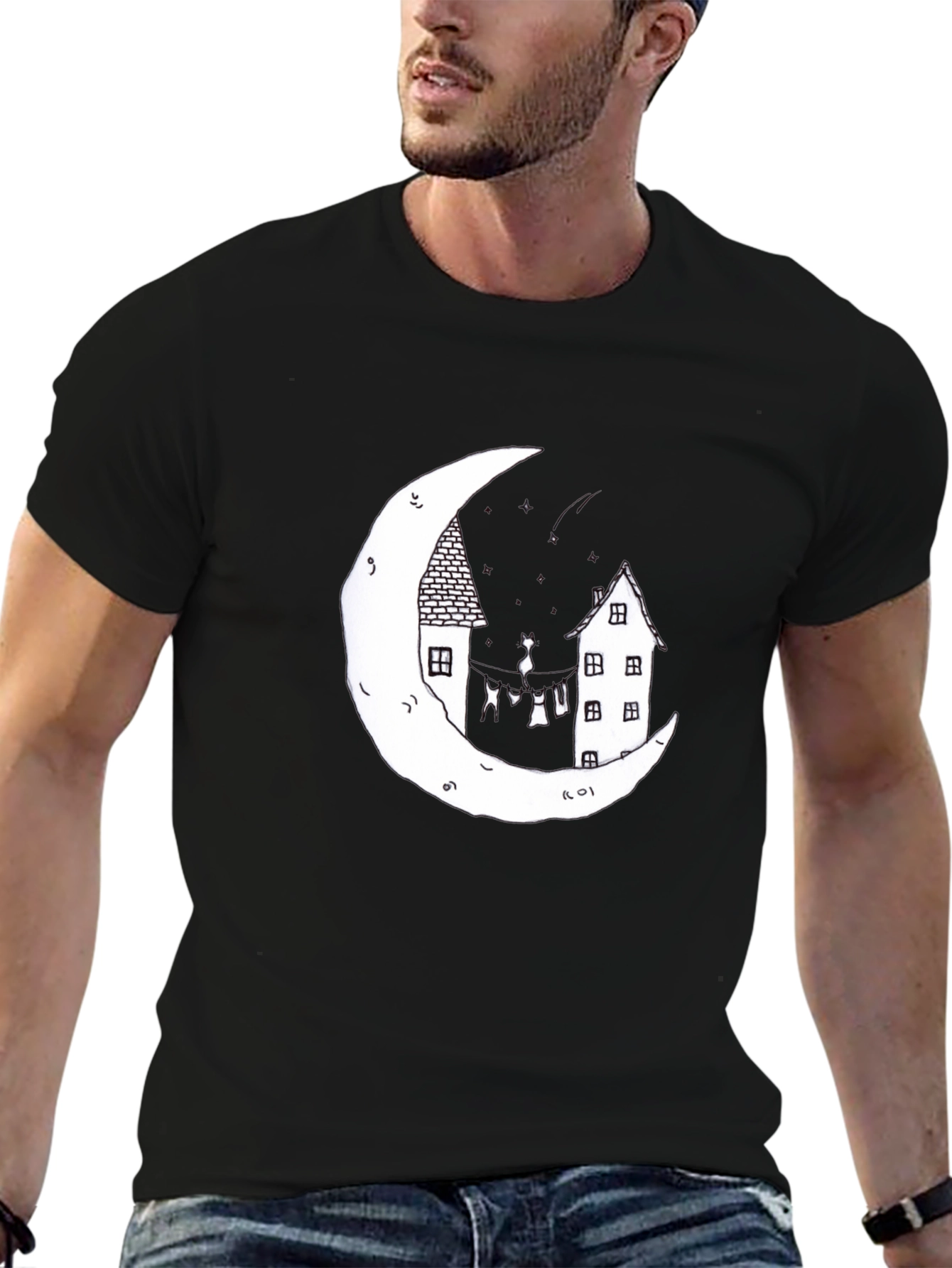 Moonlight Cats Graphic Tee - Unique Black T-Shirt