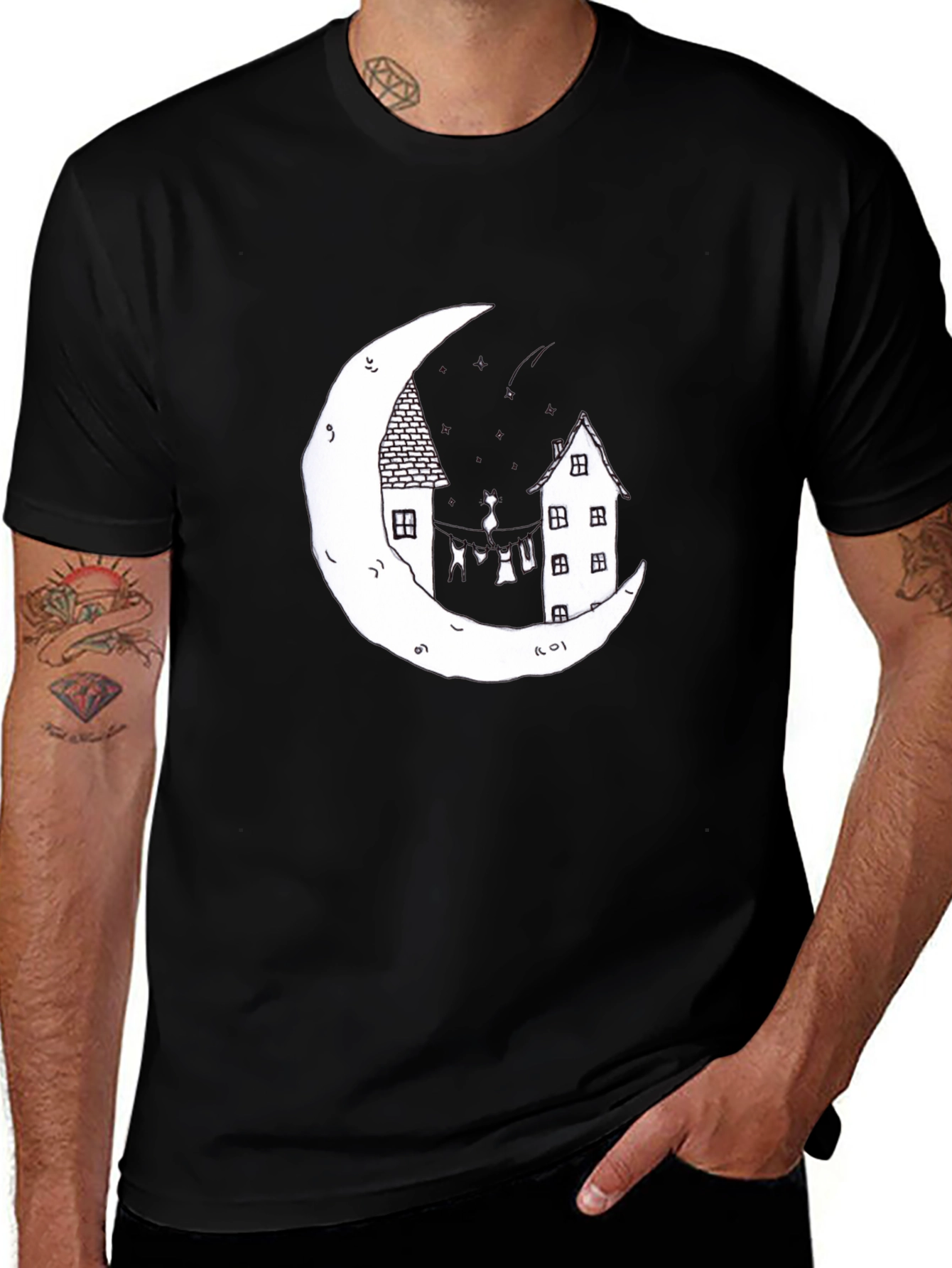Moonlight Cats Graphic Tee - Unique Black T-Shirt