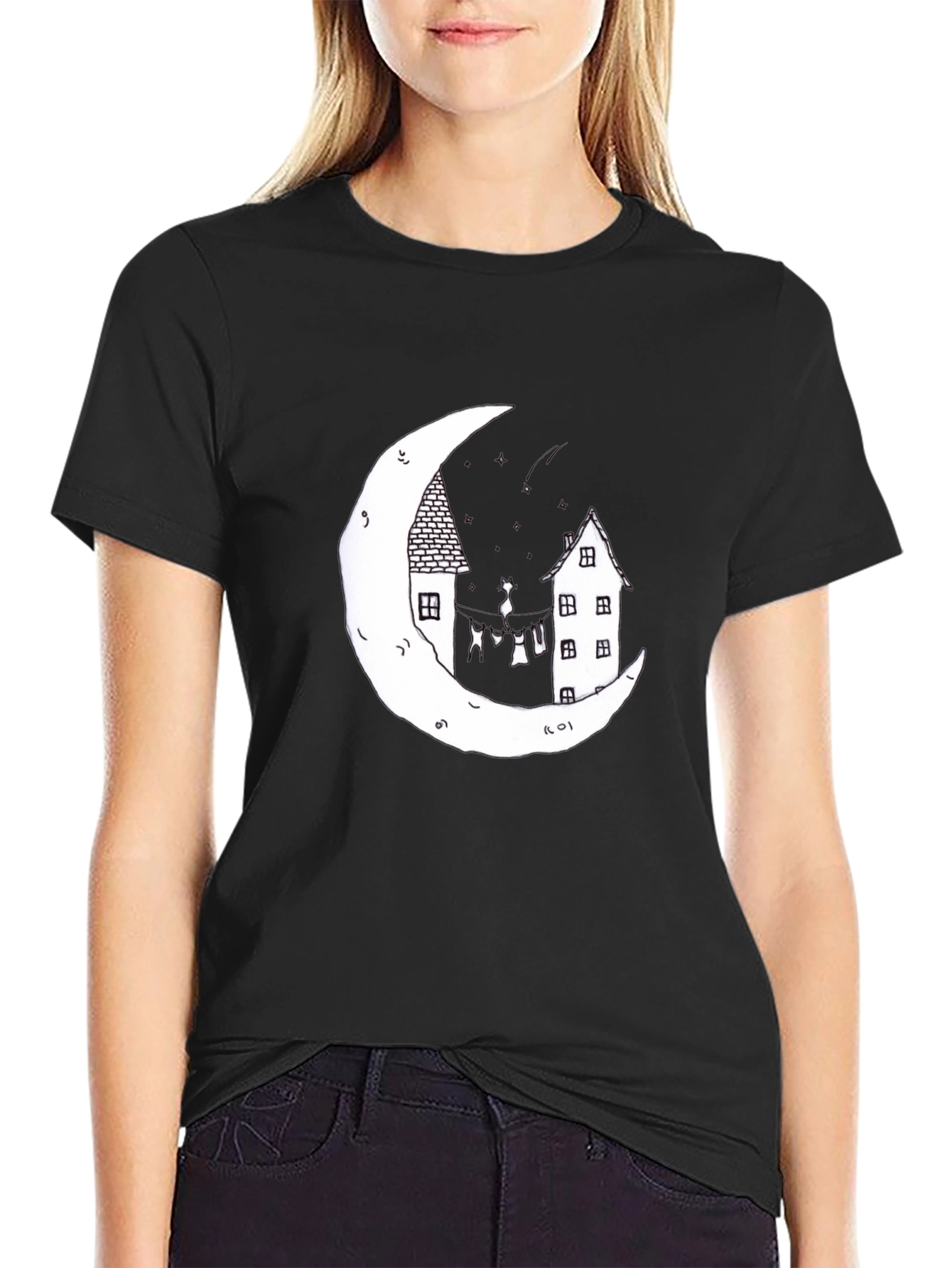 Moonlight Cats Graphic Tee - Unique Black T-Shirt