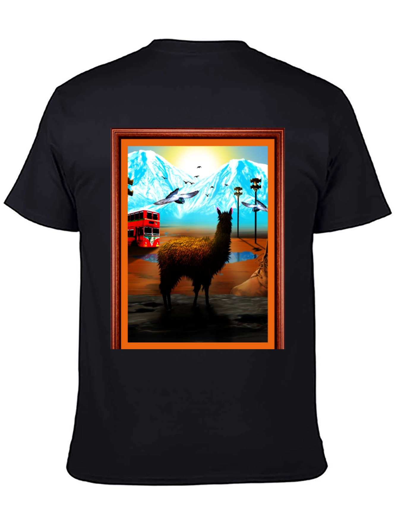 Llama Art Tee - Quirky Mountainside Bus Scene
