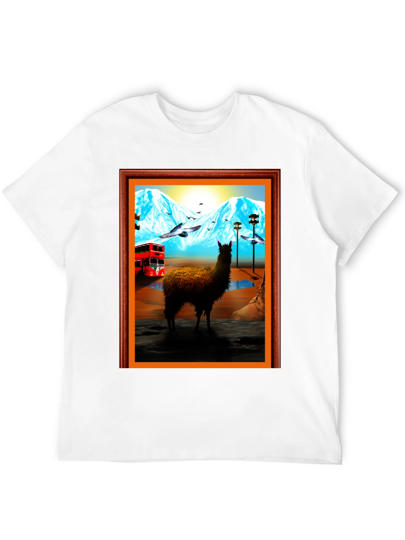 Llama Art Tee - Quirky Mountainside Bus Scene