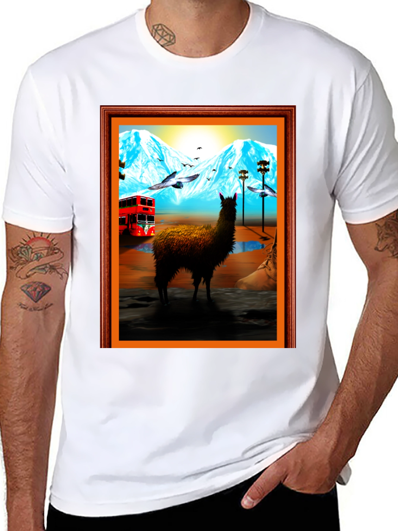 Llama Art Tee - Quirky Mountainside Bus Scene