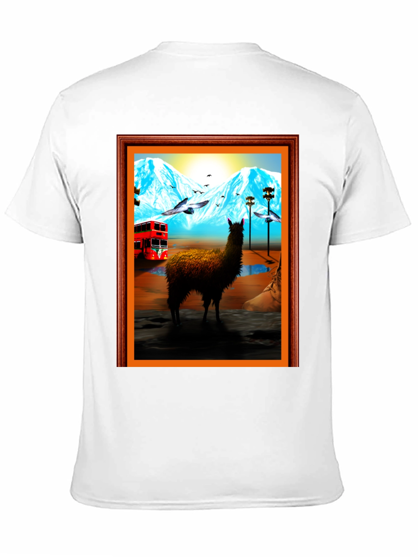 Llama Art Tee - Quirky Mountainside Bus Scene