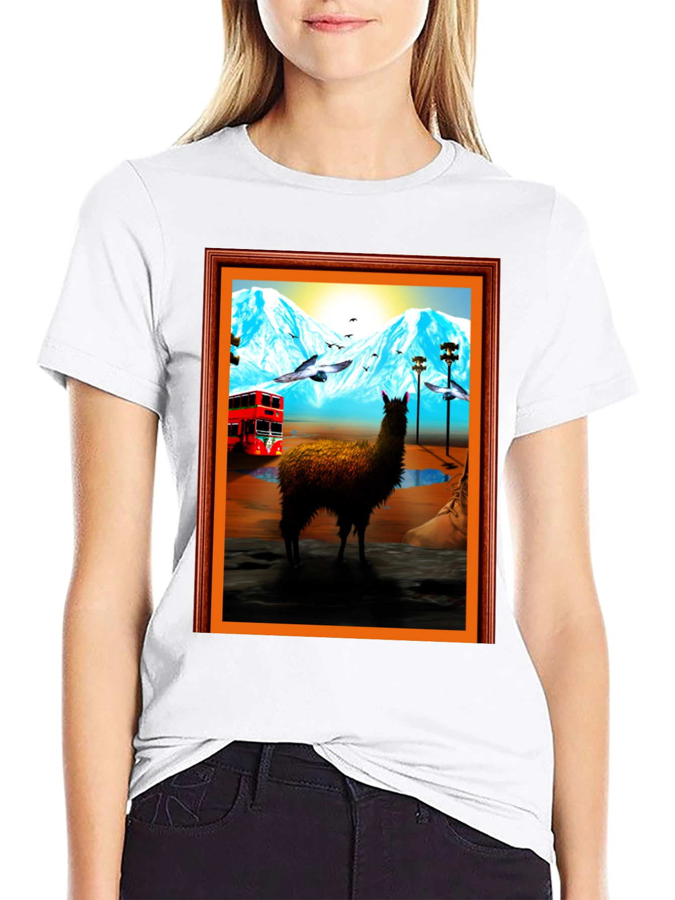 Llama Art Tee - Quirky Mountainside Bus Scene