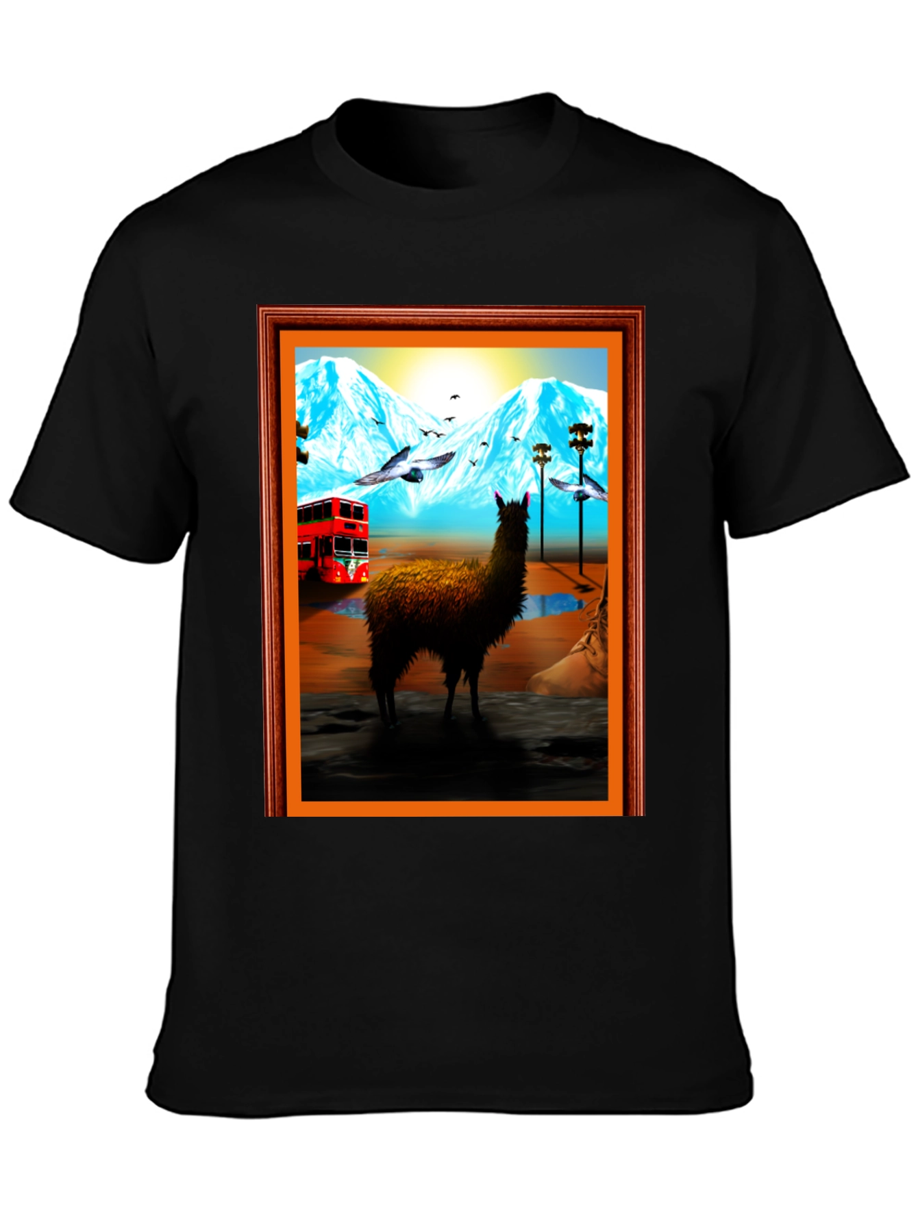 Llama Art Tee - Quirky Mountainside Bus Scene