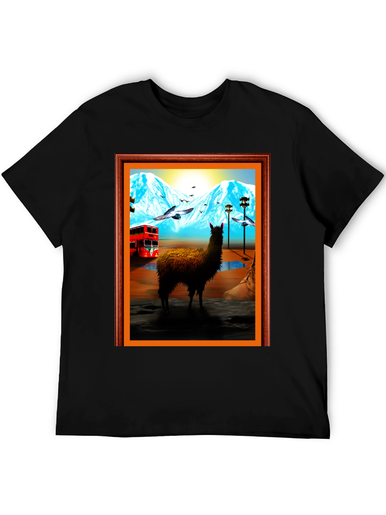 Llama Art Tee - Quirky Mountainside Bus Scene