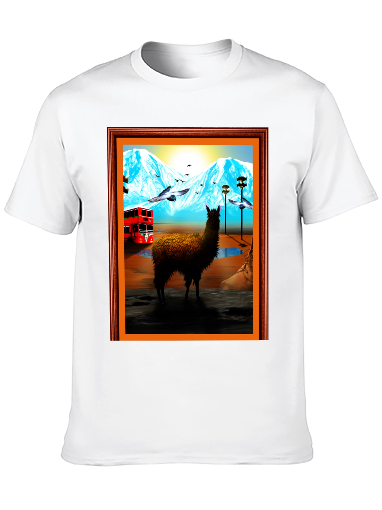 Llama Art Tee - Quirky Mountainside Bus Scene