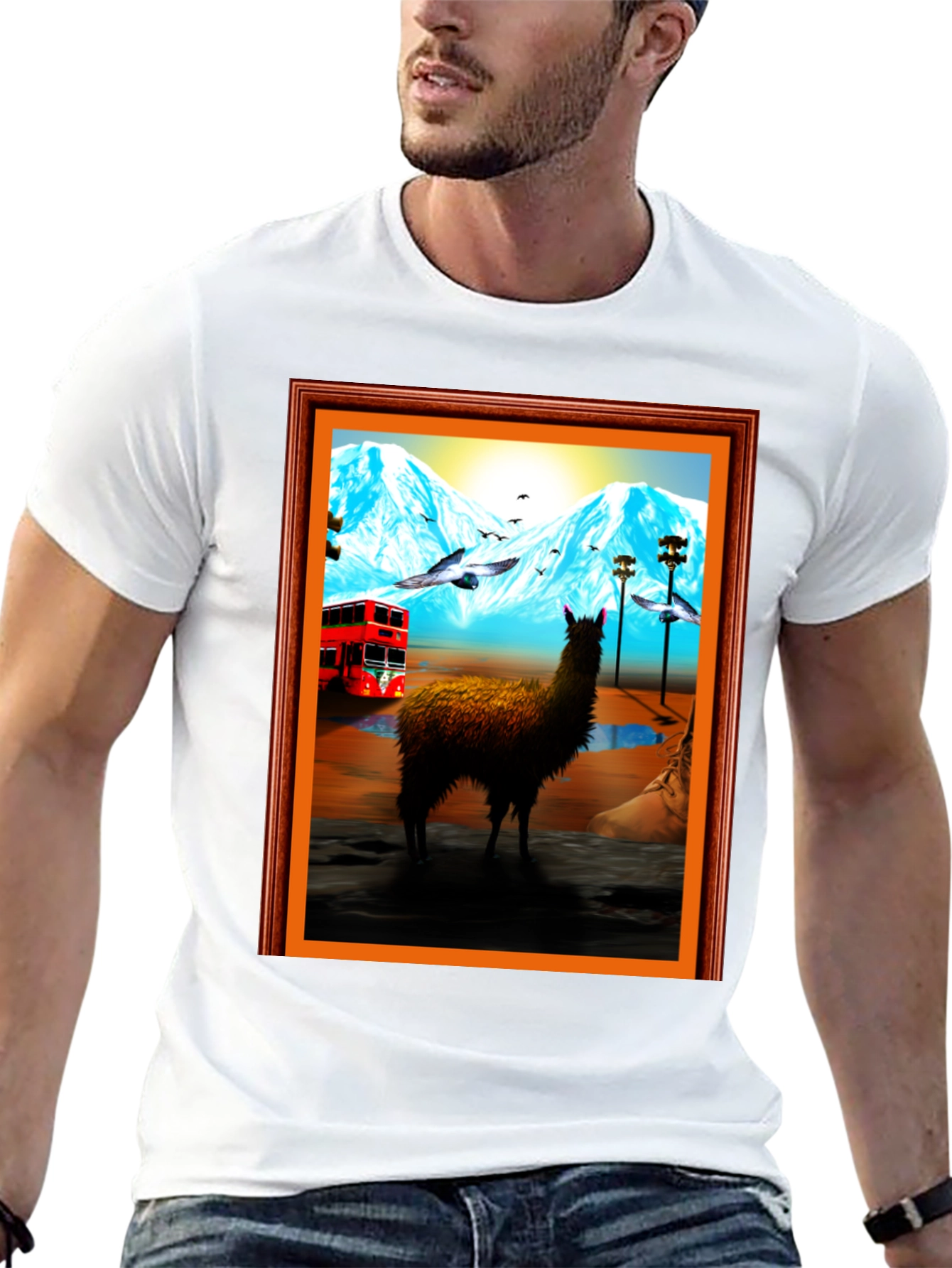 Llama Art Tee - Quirky Mountainside Bus Scene