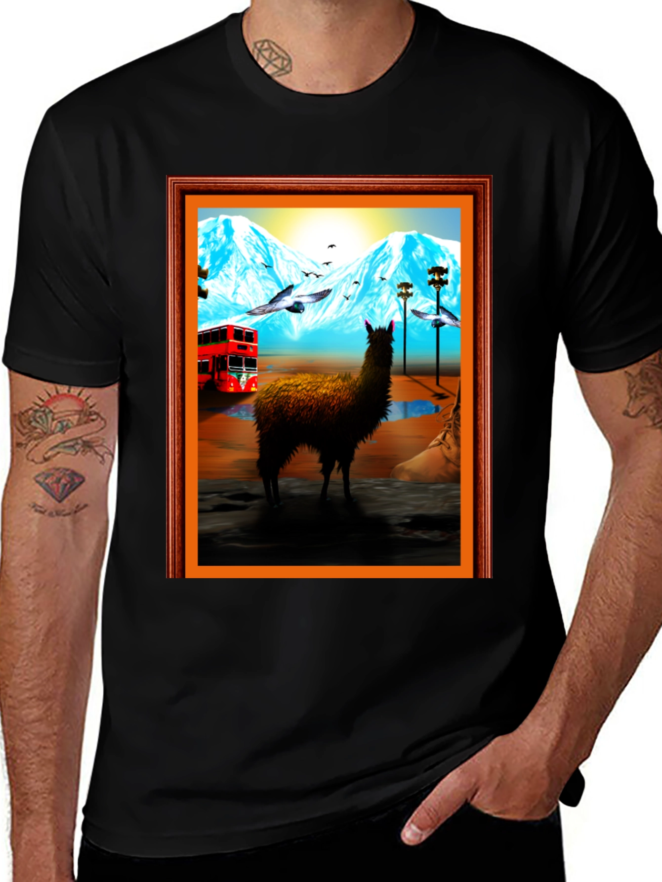 Llama Art Tee - Quirky Mountainside Bus Scene