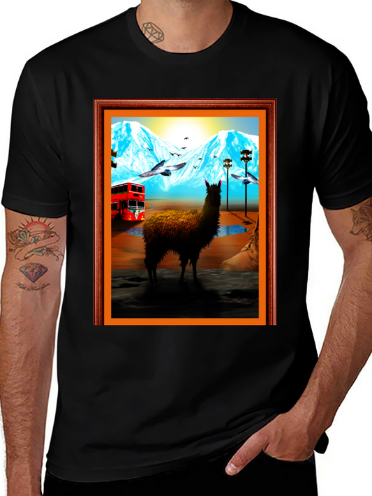 Llama Art Tee - Quirky Mountainside Bus Scene