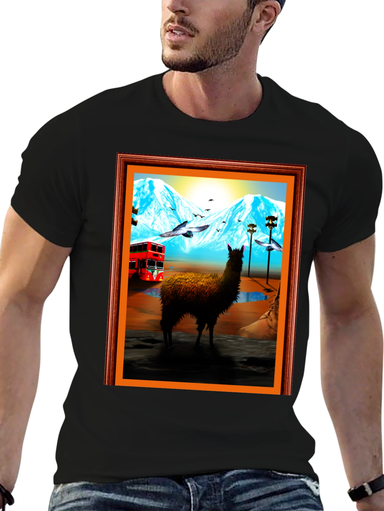 Llama Art Tee - Quirky Mountainside Bus Scene