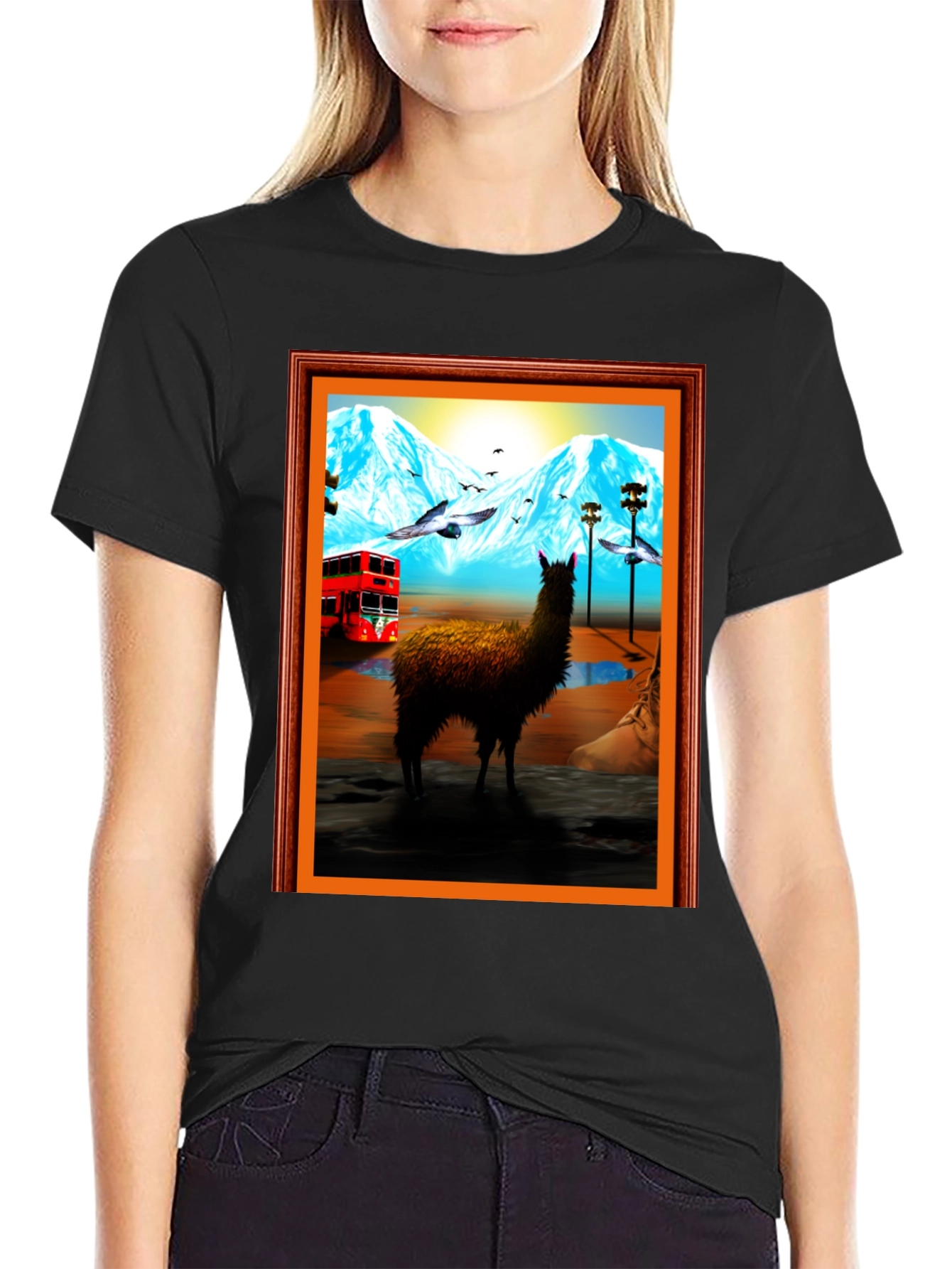 Llama Art Tee - Quirky Mountainside Bus Scene