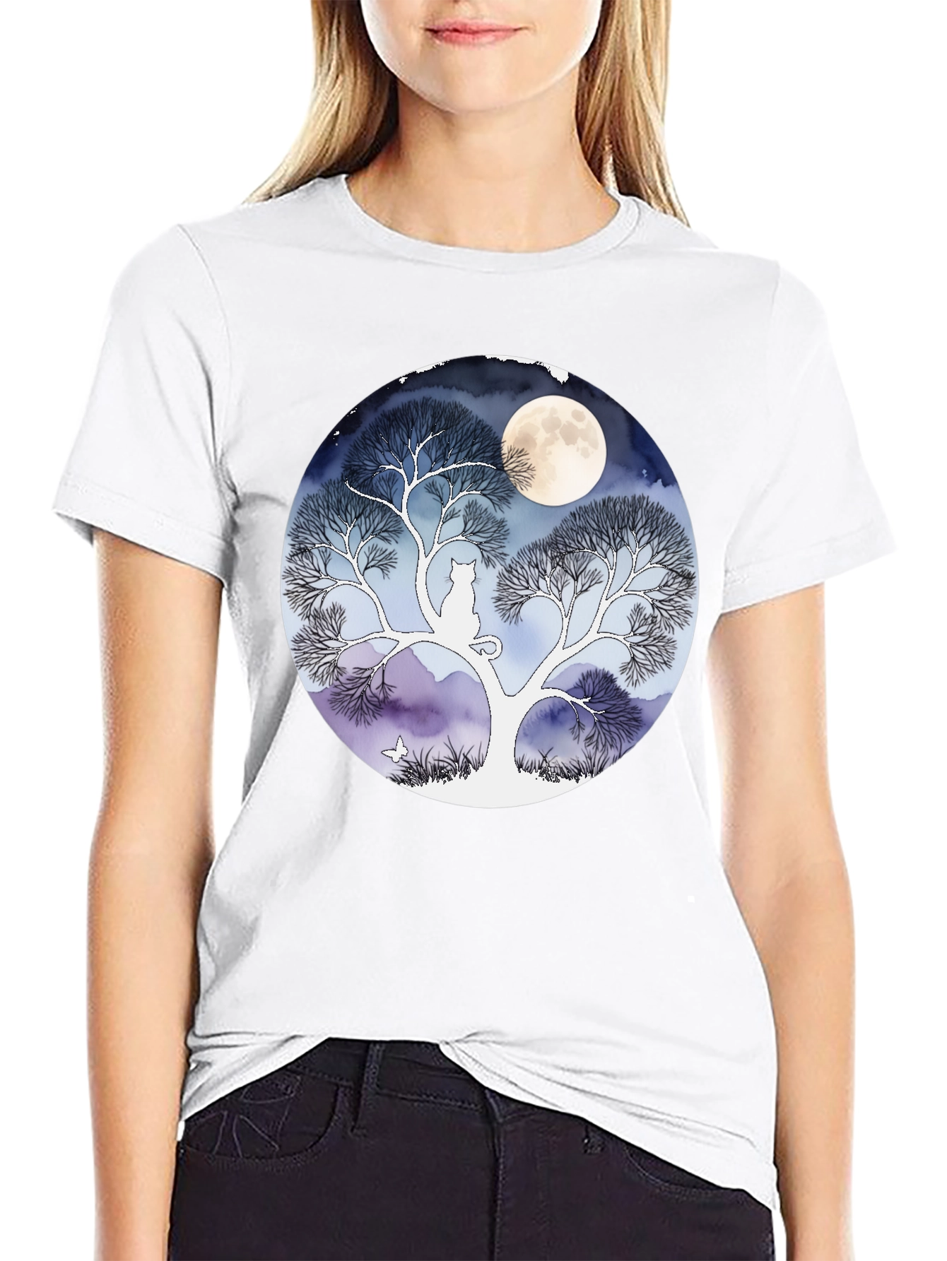 Moonlit Cat Tree Graphic Tee - Black