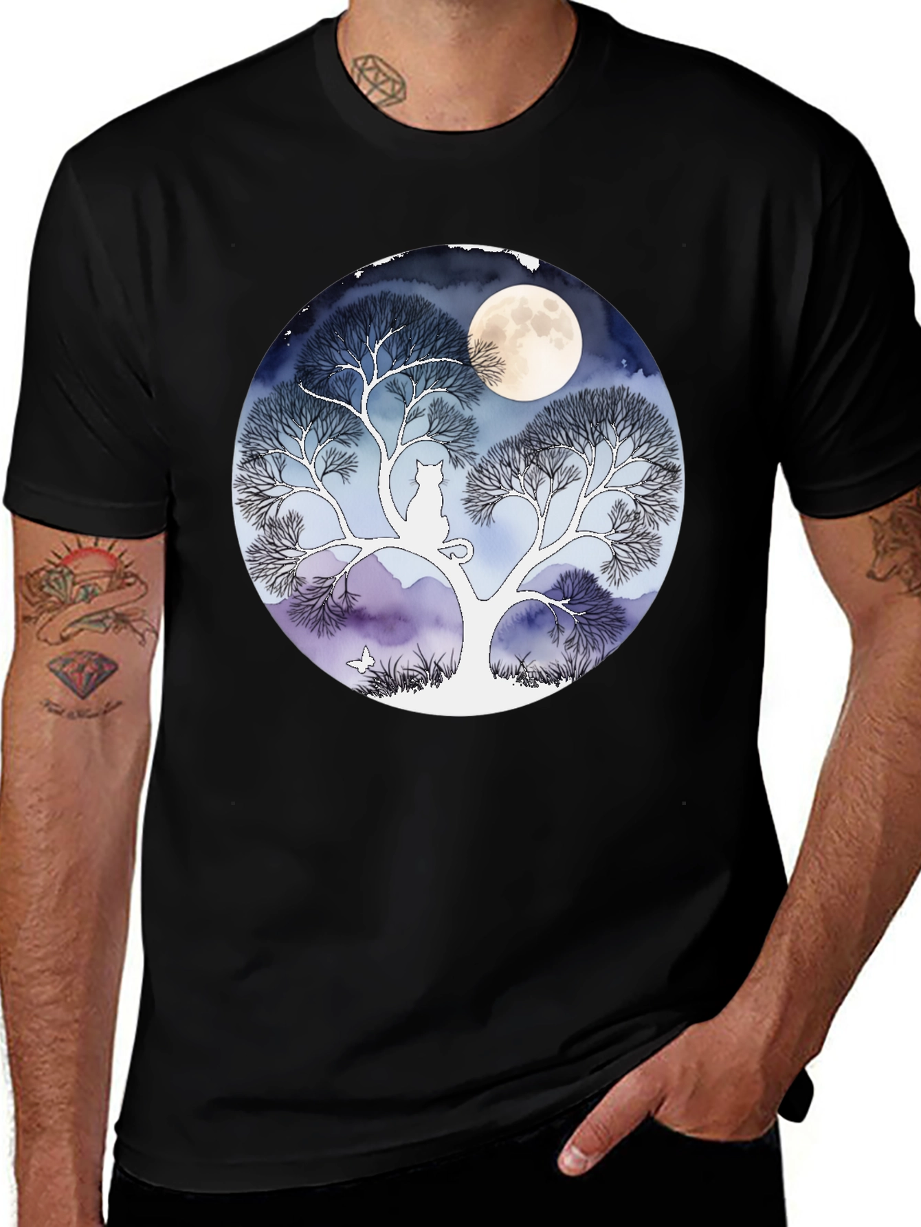 Moonlit Cat Tree Graphic Tee - Black