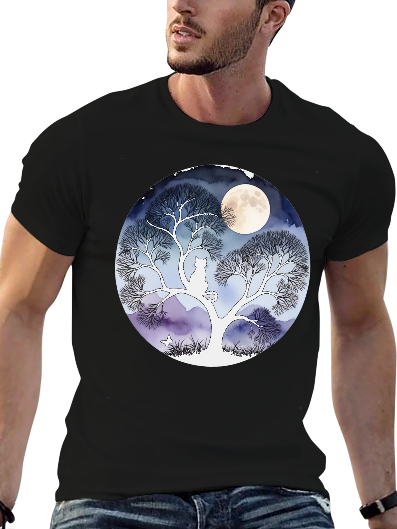 Moonlit Cat Tree Graphic Tee - Black
