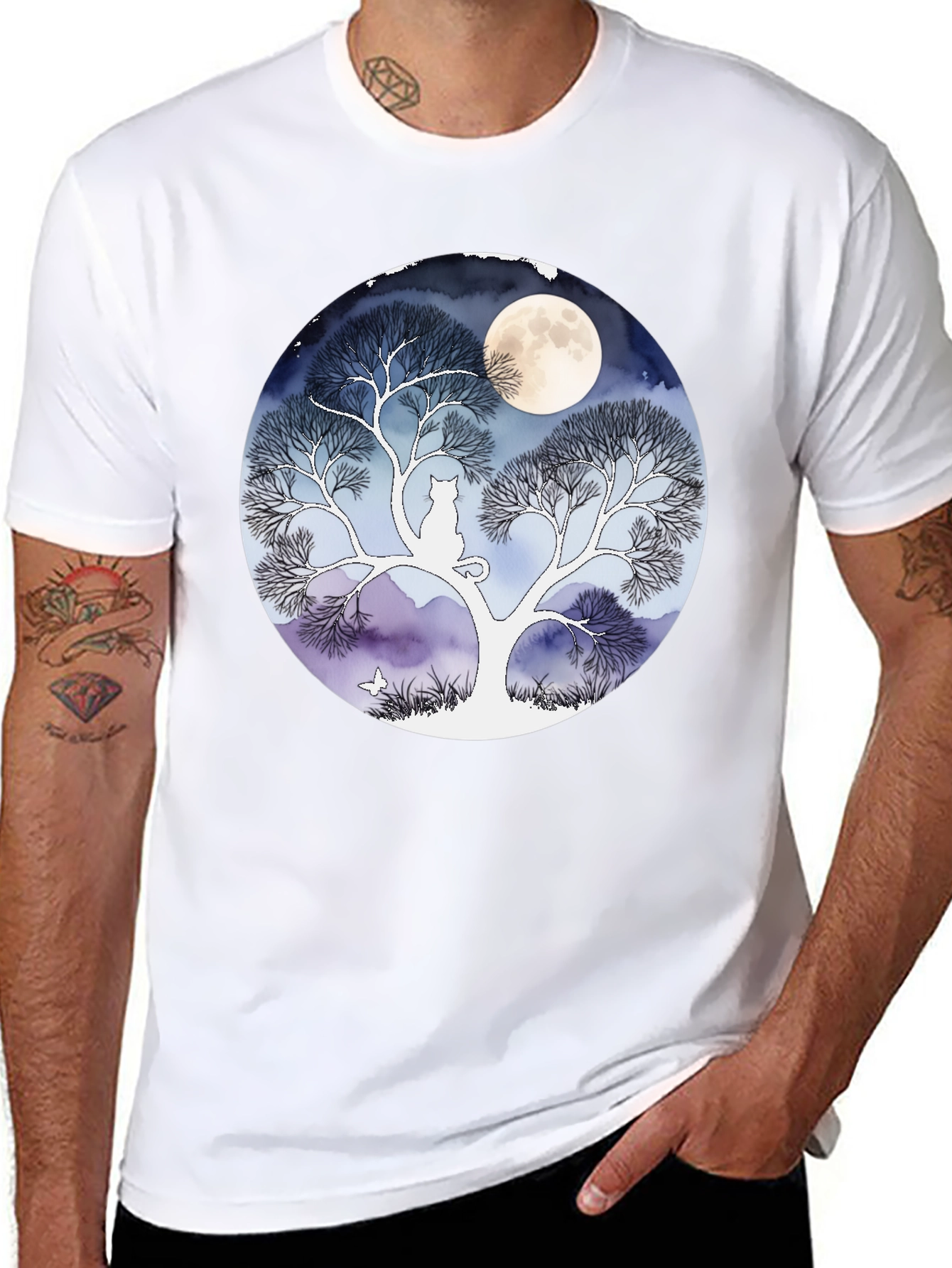 Moonlit Cat Tree Graphic Tee - Black