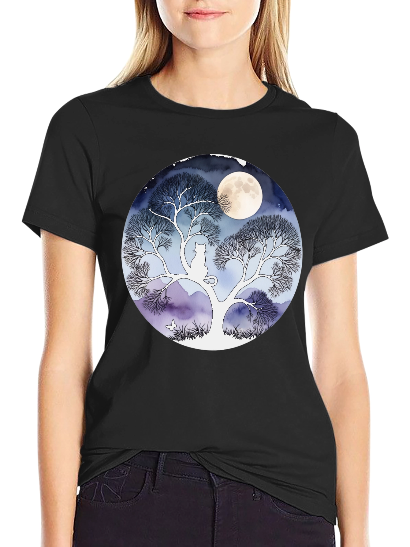 Moonlit Cat Tree Graphic Tee - Black