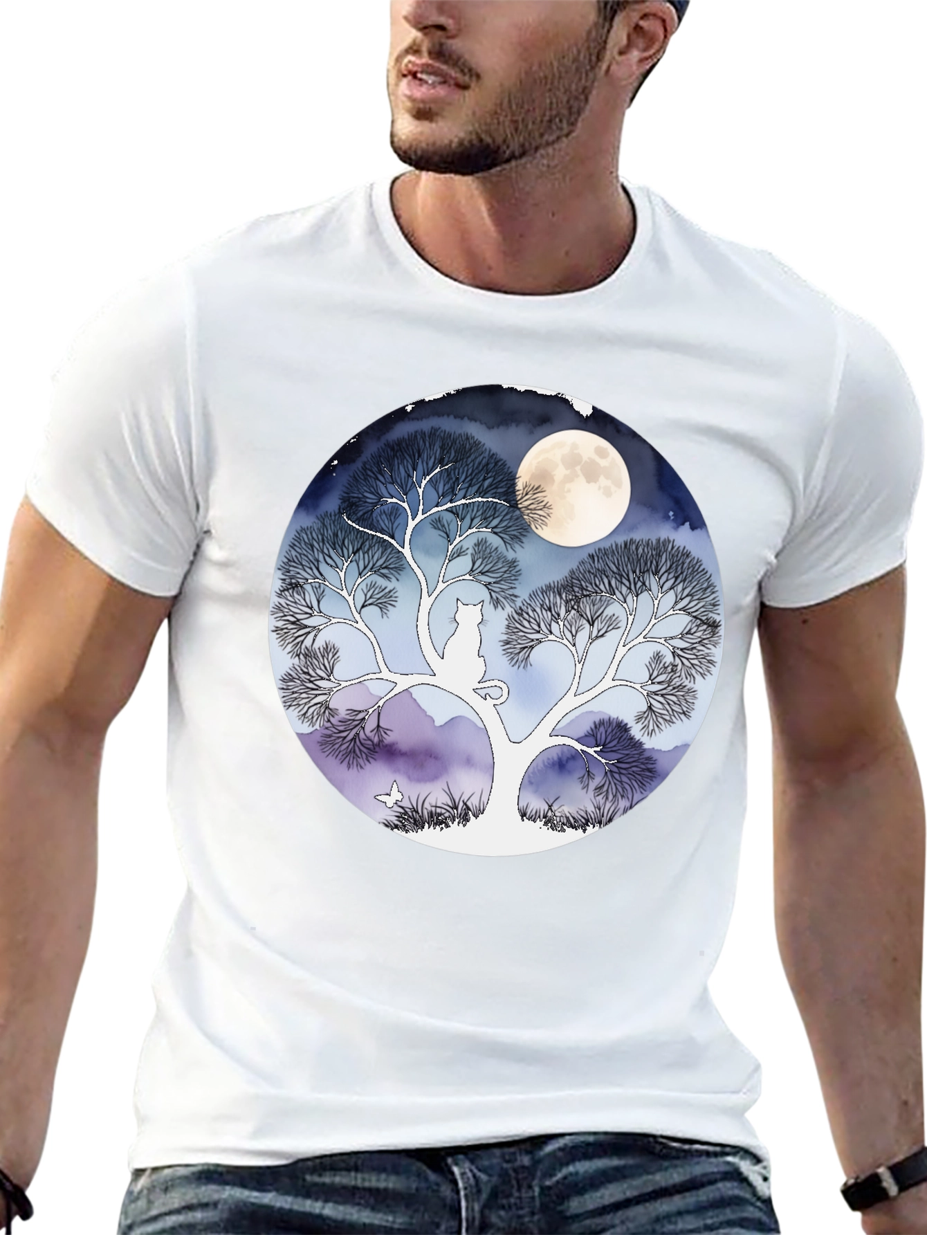 Moonlit Cat Tree Graphic Tee - Black