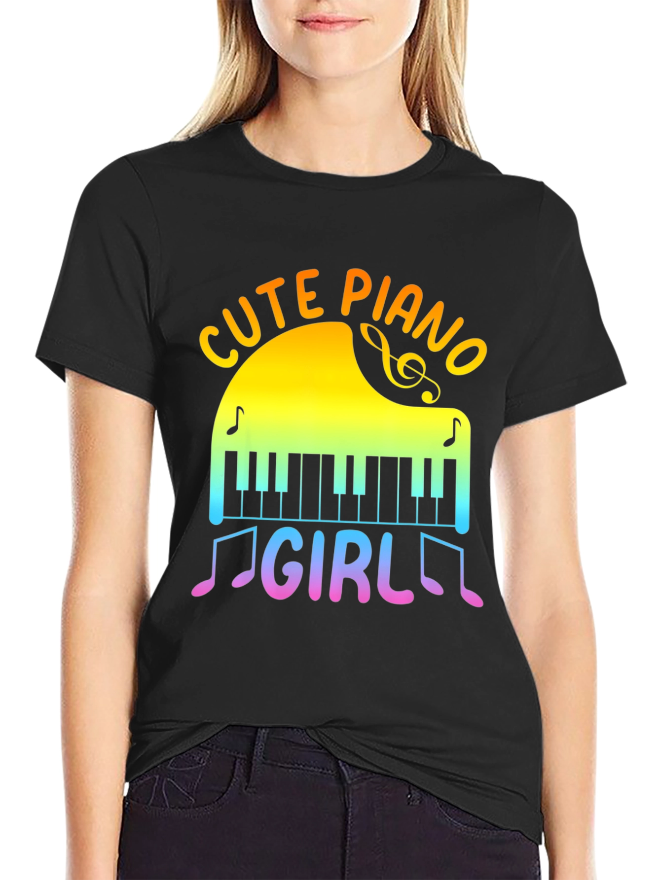 Cute Piano Girl T-Shirt - Musical Rainbow Tee