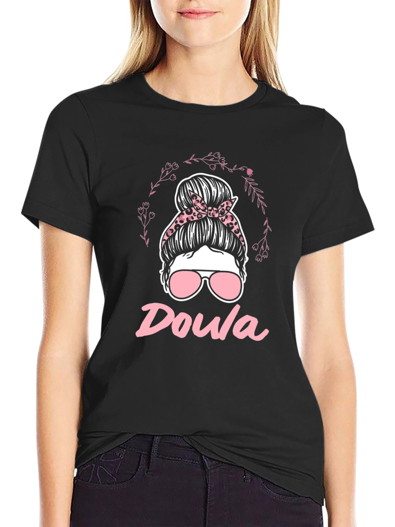 Doula Messy Bun T-Shirt - Black Womens Support