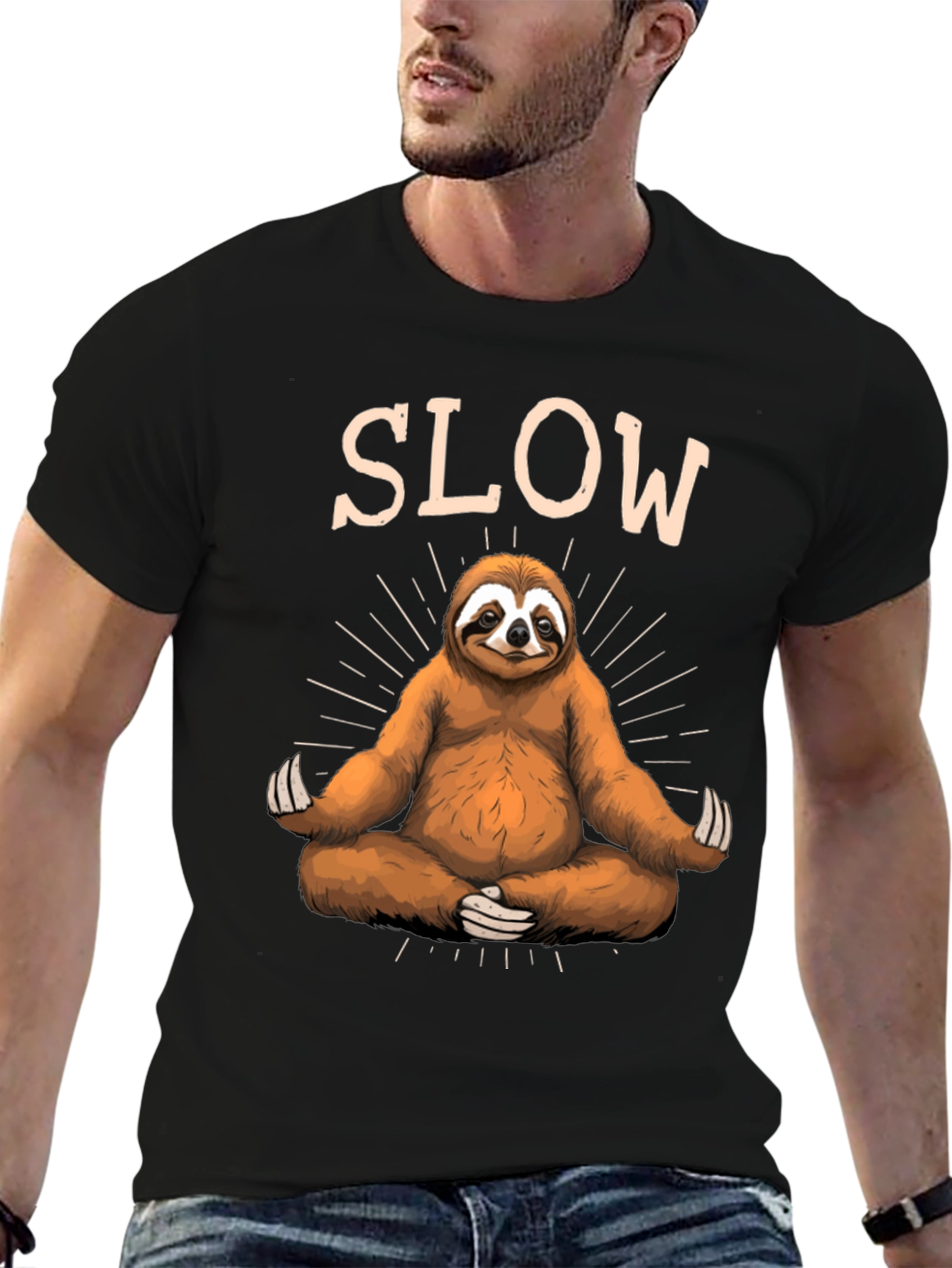 Mens Black T-Shirt with Meditating Sloth Graphic