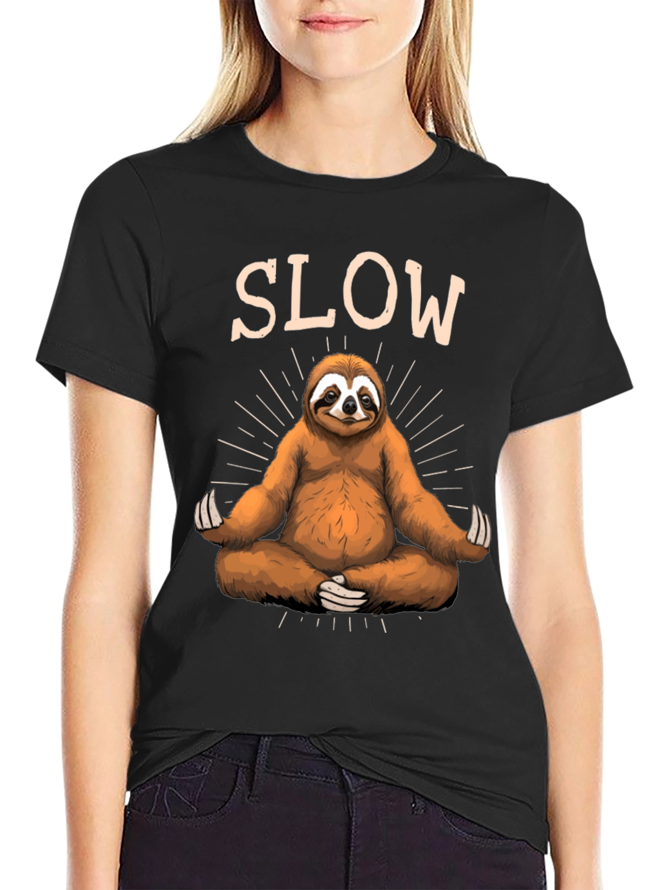 Mens Black T-Shirt with Meditating Sloth Graphic