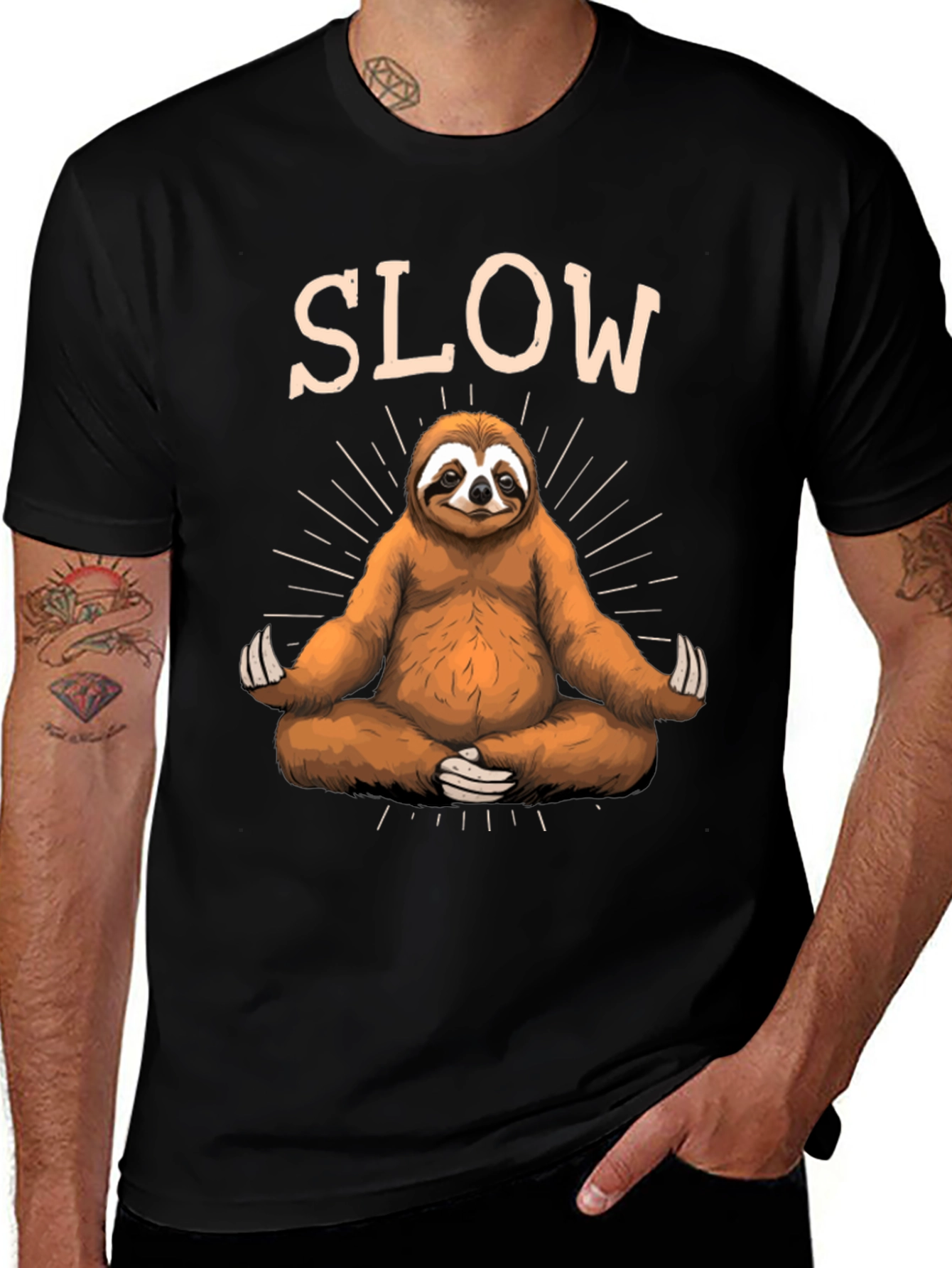 Mens Black T-Shirt with Meditating Sloth Graphic