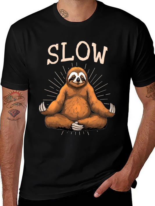 Mens Black T-Shirt with Meditating Sloth Graphic