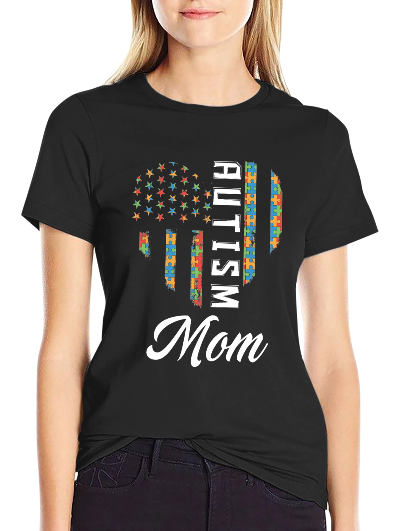 Autism Mom T-Shirt - Puzzle Piece Flag Design