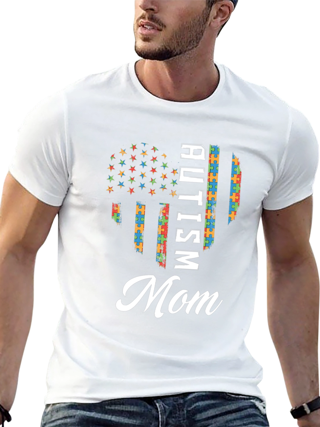 Autism Mom T-Shirt - Puzzle Piece Flag Design