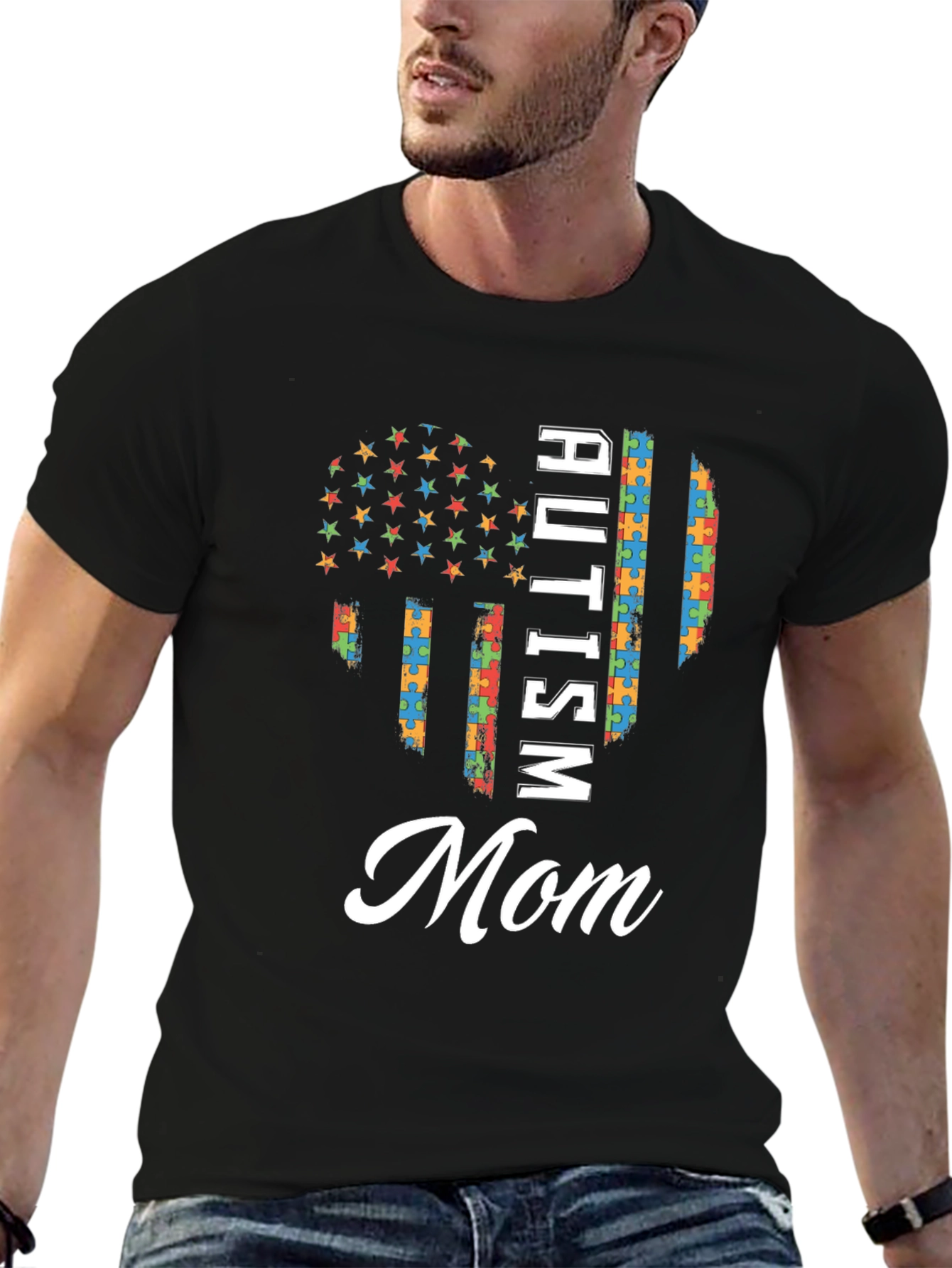 Autism Mom T-Shirt - Puzzle Piece Flag Design