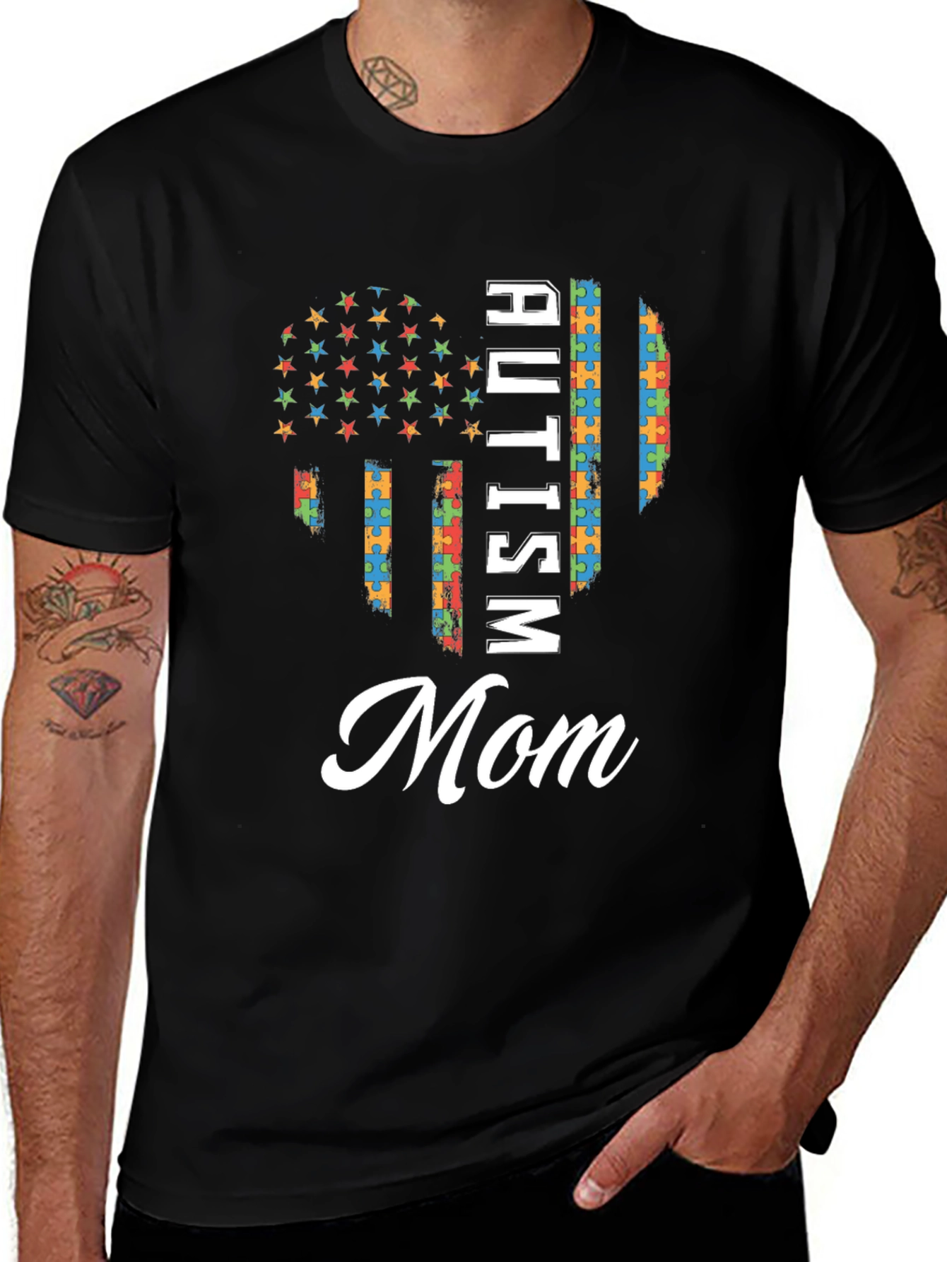 Autism Mom T-Shirt - Puzzle Piece Flag Design