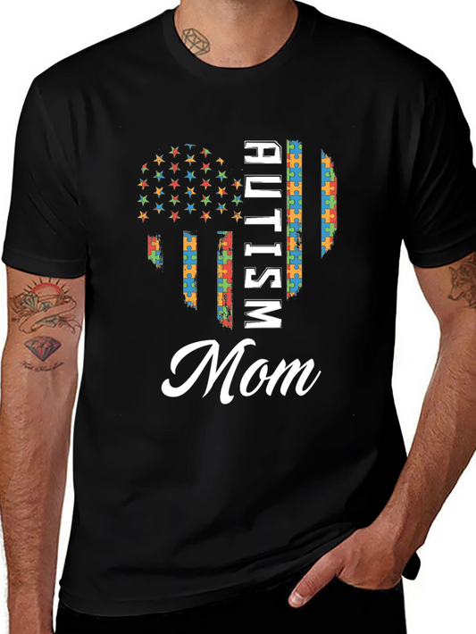 Autism Mom T-Shirt - Puzzle Piece Flag Design
