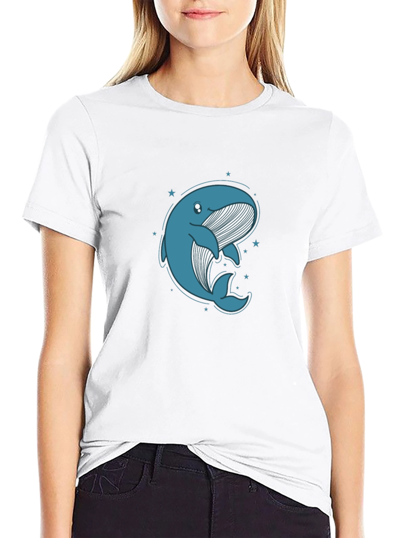 Cute Whale Graphic Tee - Black Cotton T-Shirt