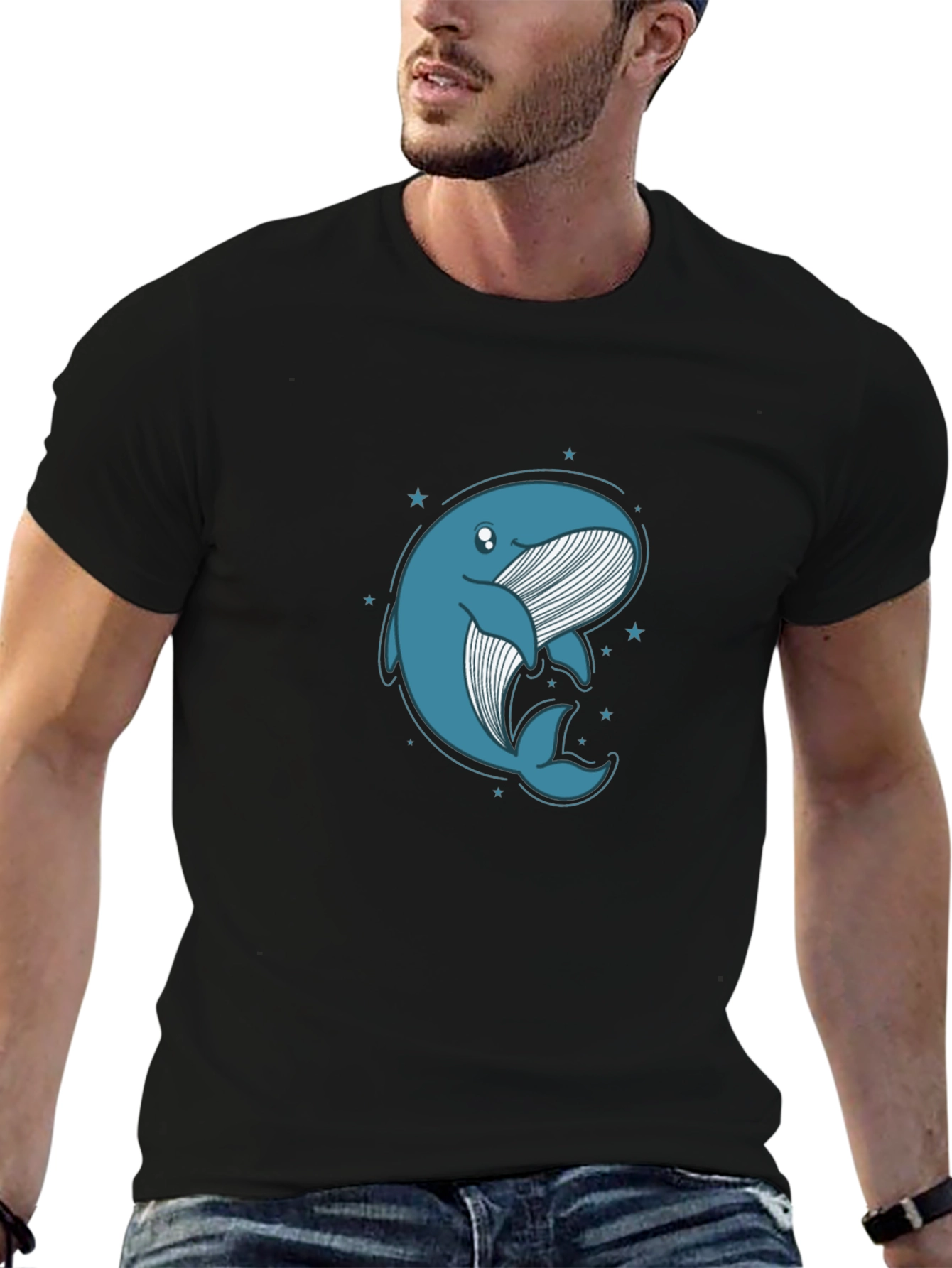 Cute Whale Graphic Tee - Black Cotton T-Shirt