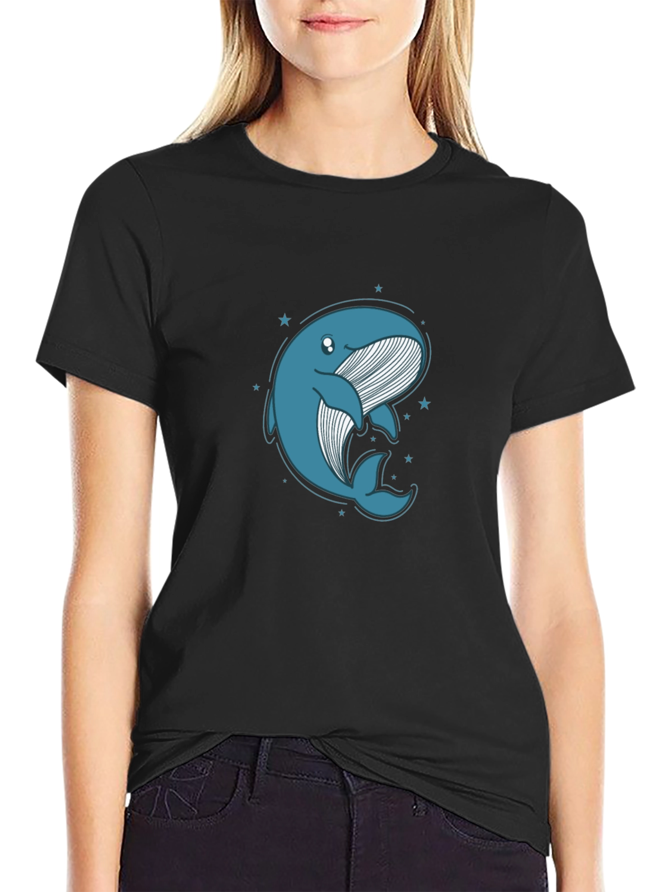 Cute Whale Graphic Tee - Black Cotton T-Shirt